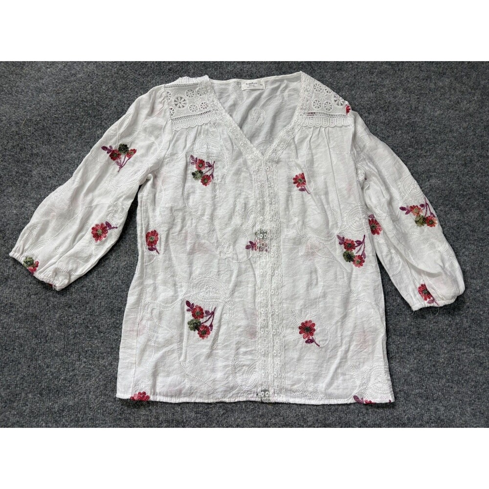 Sapphire Top Long Sleeve Womens P M Petite Medium White Embordered Floral Shirt